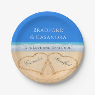 Assiettes En Carton Blue Beach Wedding 2 Coeurs dans le sable