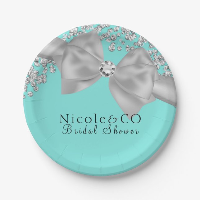 Assiettes En Carton Blue Big White Bow Diamants Party (Devant)