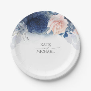 Assiettes En Carton Blue Blush Watercolor Flowers Mariage élégant