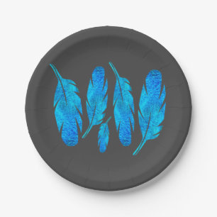 Assiettes En Carton Blue boho feathers blue and gray