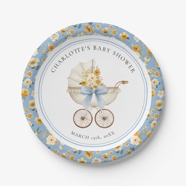 Assiettes En Carton Blue Carriage Floral Baby Shower Plate (Devant)