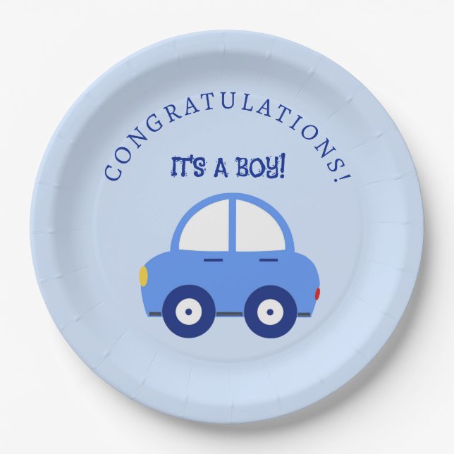 Assiettes En Carton Blue Cars C'est un Baby shower garçon (Devant)