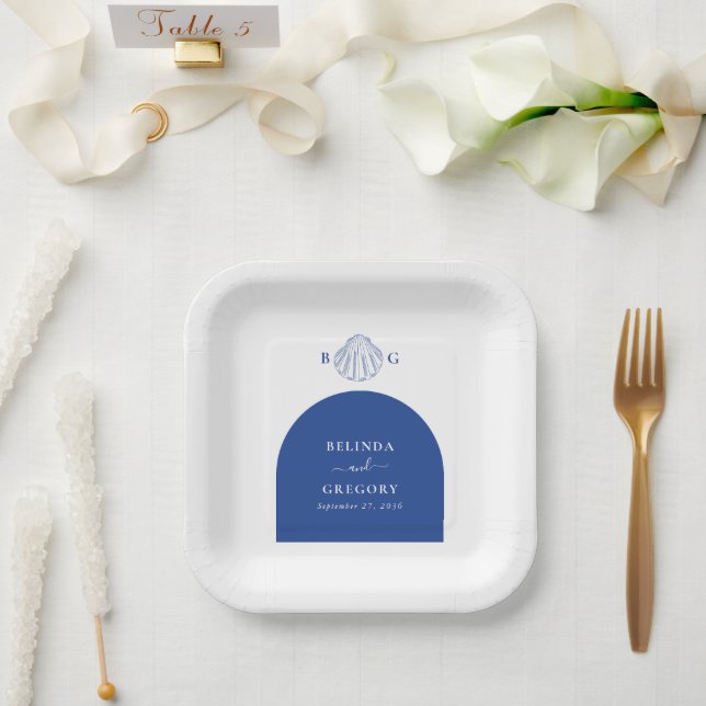 Assiettes En Carton Blue Clam Seashells Coastal Seaside Beach Wedding (Mariage)