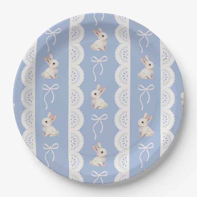 Assiettes En Carton Blue Coquette Bow Bunny Lace Pattern Paper Plate (Devant)