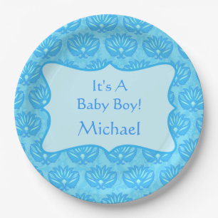 Assiettes En Carton Blue Damask Baby Boy Nom Personnalisé