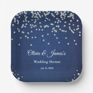 Assiettes En Carton Blue Denim Diamonds Pearls Couple Wedding shower