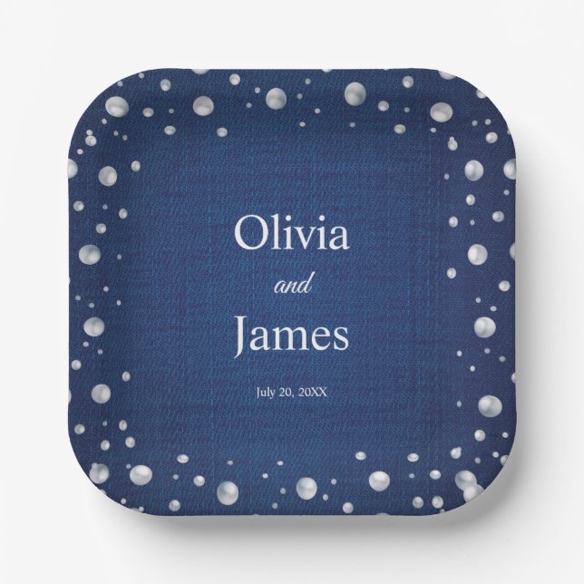 Assiettes En Carton Blue Denim Diamonds Pearls Mariage Douche Couple (Recto)