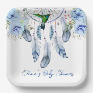 Assiettes En Carton Blue Dreamcatcher Hummingbird Boy Baby shower