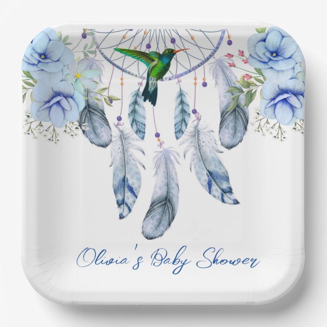 Assiettes En Carton Blue Dreamcatcher Hummingbird Boy Baby shower (Recto)