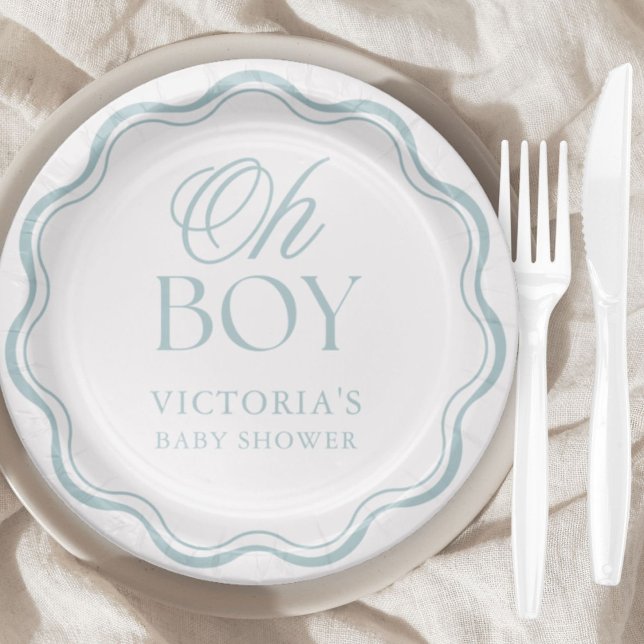 Assiettes En Carton Blue Elegant Minimal Oh Boy Baby Shower (Créateur téléchargé)