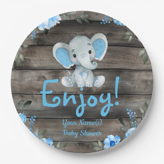 Assiettes En Carton Blue Elephant Baby shower invitation, garçon rusti (Devant)