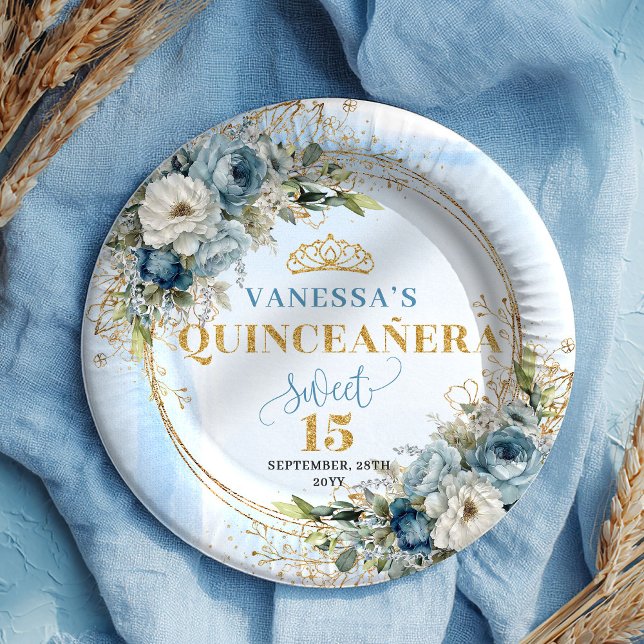 Assiettes En Carton Blue Floral Eucalyptus Gold Custom Quinceañera  (Blue Floral Eucalyptus Gold Custom Quinceañera Plates)