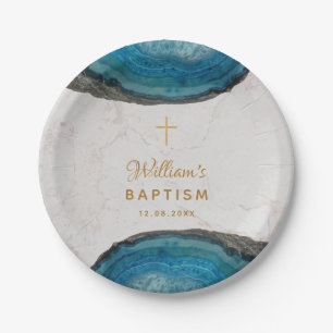 Assiettes En Carton Blue Geode Boy Baptême Marbre Gold Cross