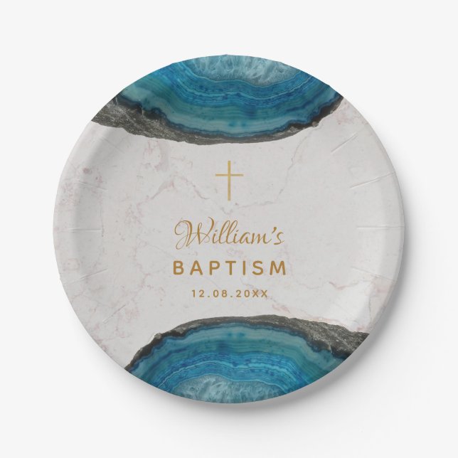 Assiettes En Carton Blue Geode Boy Baptême Marbre Gold Cross (Devant)