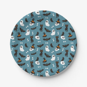 Assiettes En Carton Blue Ghosts Crânes Ravens Chats Halloween Motif