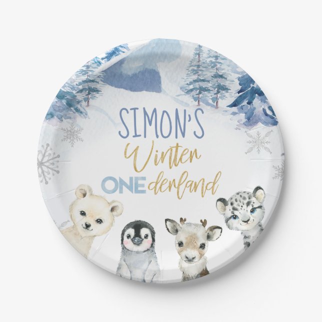 Assiettes En Carton Blue Gold Arctic Winter Onederland Anniversaire (Devant)