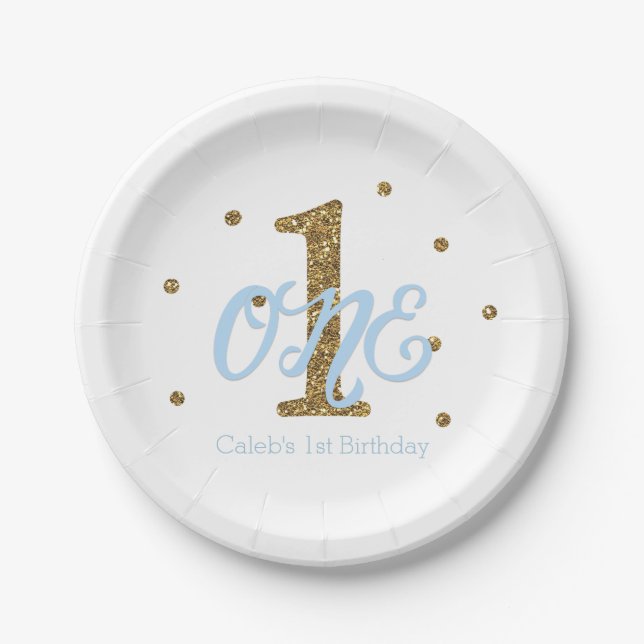 Assiettes En Carton Blue & Gold Boys ONE 1ère fête d'anniversaire (Devant)