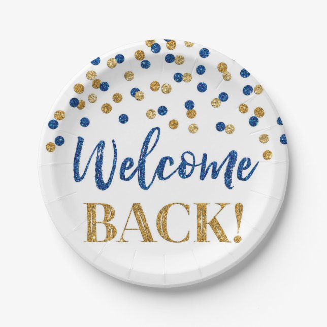 Assiettes En Carton Blue Gold Confetti Welcome Back Papier Plaques (Devant)