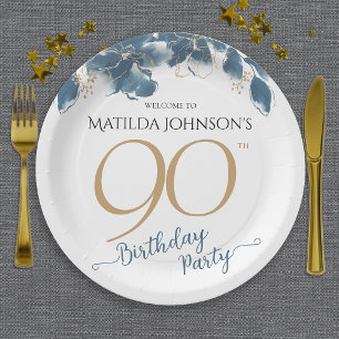 Assiettes En Carton Blue Gold Floral Custom 90th Birthday Party