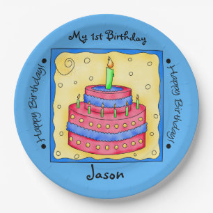 Assiettes En Carton Blue Happy 1er Anniversaire Plaque de gâteau