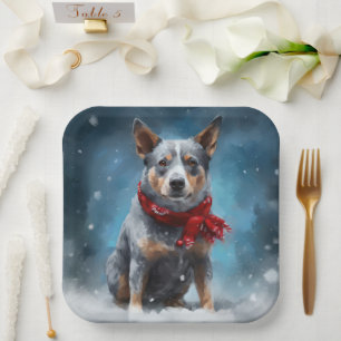 Assiettes En Carton Blue Heeler dans la neige de Noël