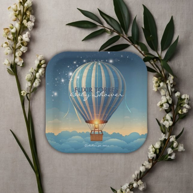 Assiettes En Carton Blue Hot Air Balloon Adventure Attend Baby shower (Créateur téléchargé)