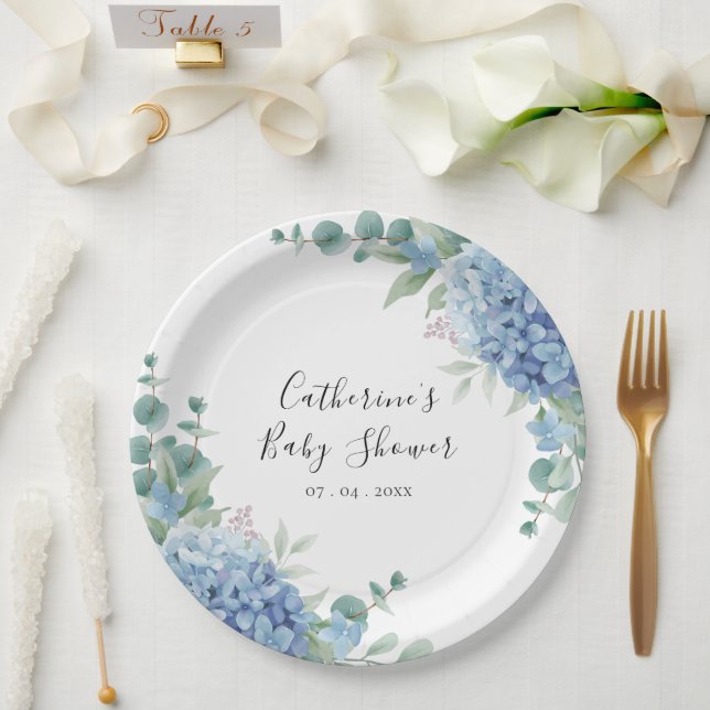 Assiettes En Carton Blue Hydrangea Floral Baby Shower (Mariage)