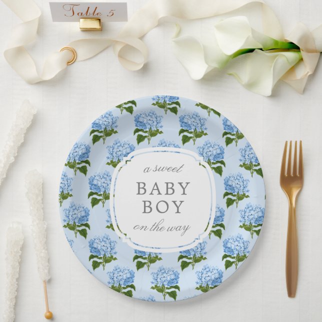 Assiettes En Carton Blue Hydrangea Motif Sweet Baby Boy (Mariage)