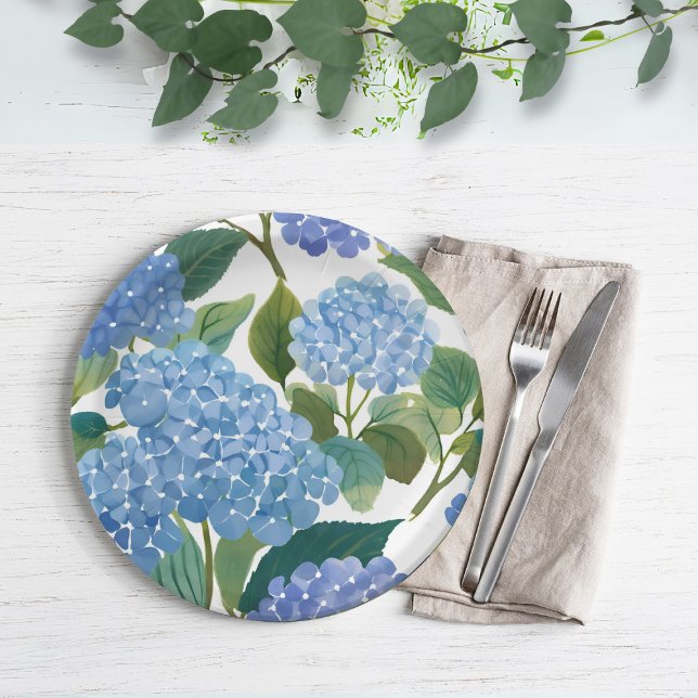 Assiettes En Carton Blue Hydrangeas | Beau Floral Bush (Créateur téléchargé)