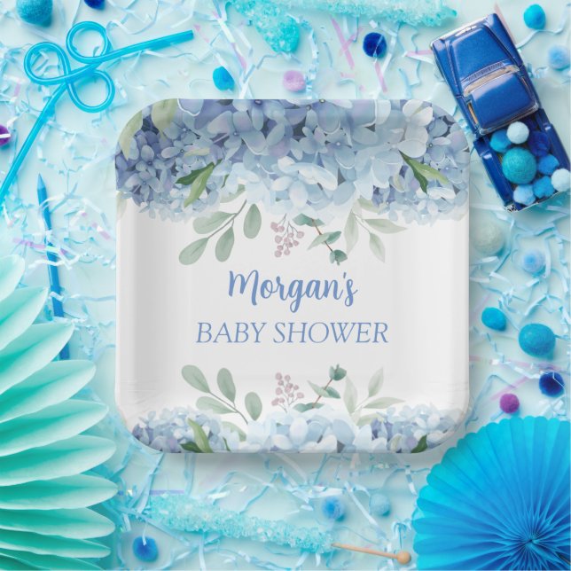 Assiettes En Carton Blue Hydrangeas Boy Baby shower Floral (Fête)