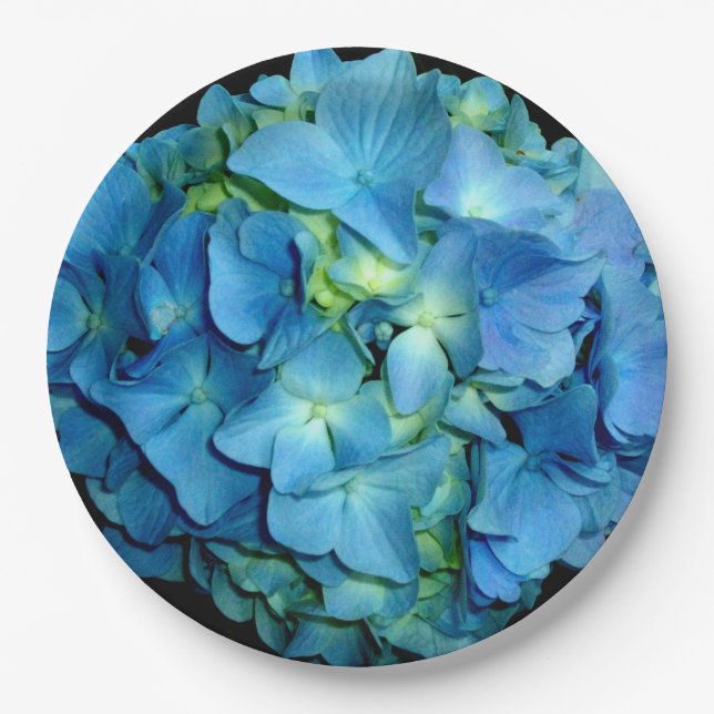 Assiettes En Carton Blue Hydrangeas | photo florale bleue (Devant)