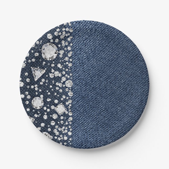 Assiettes En Carton Blue Jean Denim & Diamonds Bling Diamond Party (Devant)