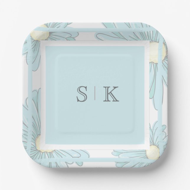 Assiettes En Carton Blue Monogramme fiançal Floral (Recto)