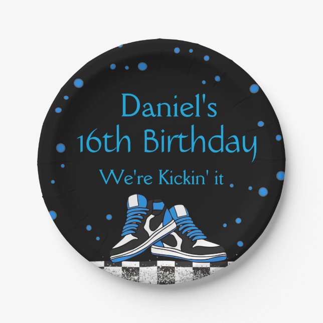 Assiettes En Carton Blue Neon Sneaker Birthday, Glitter  (Devant)