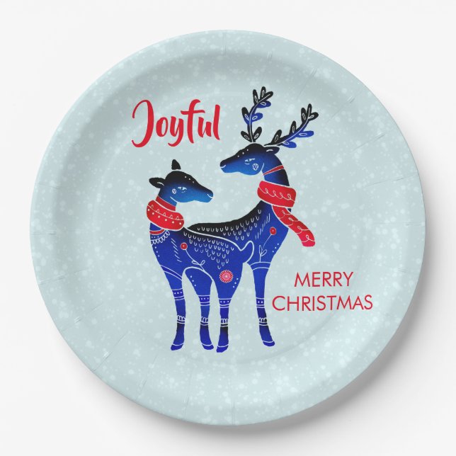 Assiettes En Carton Blue Nordic Christmas Reindeer Pair (Devant)