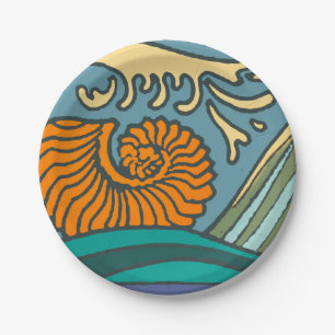 Assiettes En Carton Blue Ocean Waves Nautilus Seashell Motif Nouveau