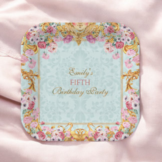 Assiettes En Carton Blue Pastel Gold Cinquième Rococo baroque Annivers