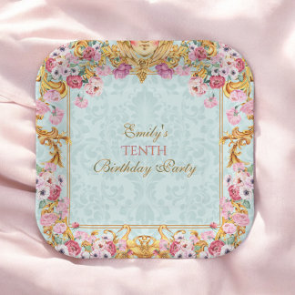 Assiettes En Carton Blue Pastel Gold Dixième Rococo baroque Anniversai