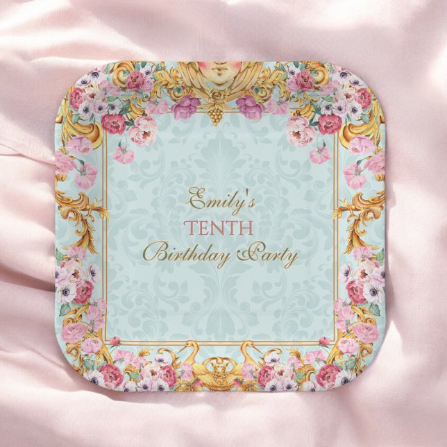 Assiettes En Carton Blue Pastel Gold Dixième Rococo baroque Anniversai (Créateur téléchargé)