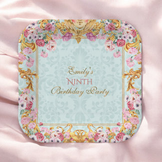 Assiettes En Carton Blue Pastel Gold Neuvième anniversaire du Rococo b