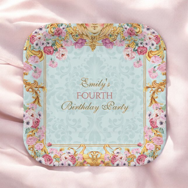 Assiettes En Carton Blue Pastel Gold Quatrième Rococo baroque Annivers (Créateur téléchargé)