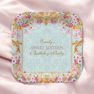 Assiettes En Carton Blue Pastel Gold Sweet 16 Rococo baroque Anniversa