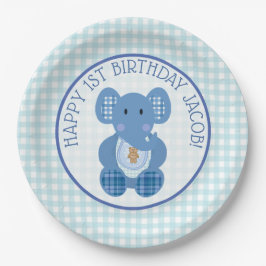 Assiettes En Carton Blue Plaid Elephant Happy 1er Anniversaire Plaque