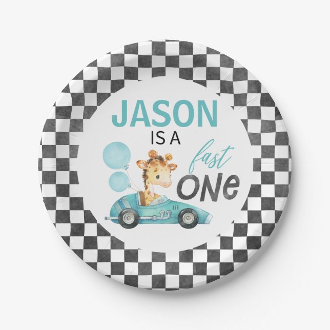 Assiettes En Carton Blue Racing voiture Giraffe 1er anniversaire (Devant)