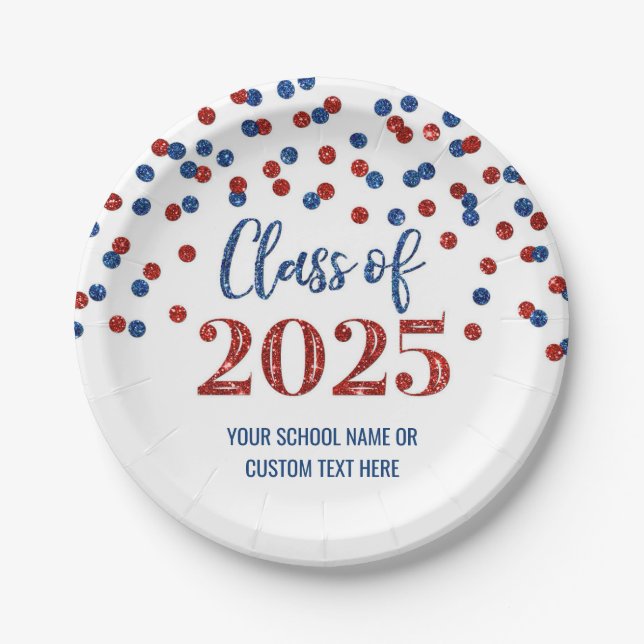 Assiettes En Carton Blue Red Confetti Graduation 2025 (Devant)