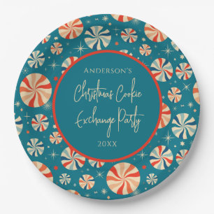 Assiettes En Carton Blue Retro Vintage Christmas Échange de cookies