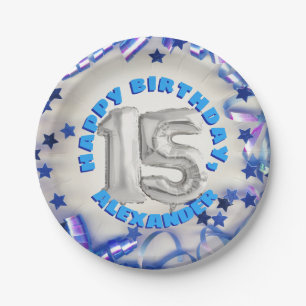 Assiettes En Carton Blue Ribbon & Stars Confetti 15e anniversaire