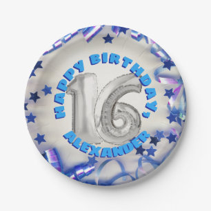Assiettes En Carton Blue Ribbon & Stars Confetti 16e anniversaire