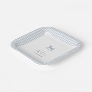 Assiettes En Carton Blue Rocking Horse En vichy Border Boy Baby shower