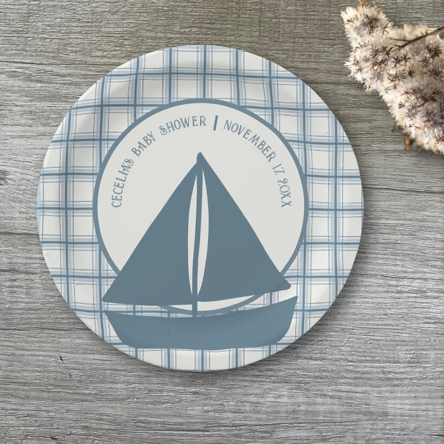 Assiettes En Carton Blue Sailboat Boy Baby shower nautique (Créateur téléchargé)